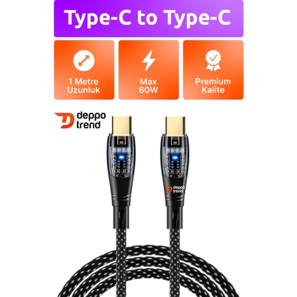 Deppo Trend Apple iPhone 15, 15 Pro, 15 Plus ve 15 Pro Max Uyumlu Turbo Hızlı Şeffaf LED Işıklı Type-C To Type-C 60W 6A Esnek Dayanıklı Şarj Kablosu Cep Telefonu Kablosu Fiyatı