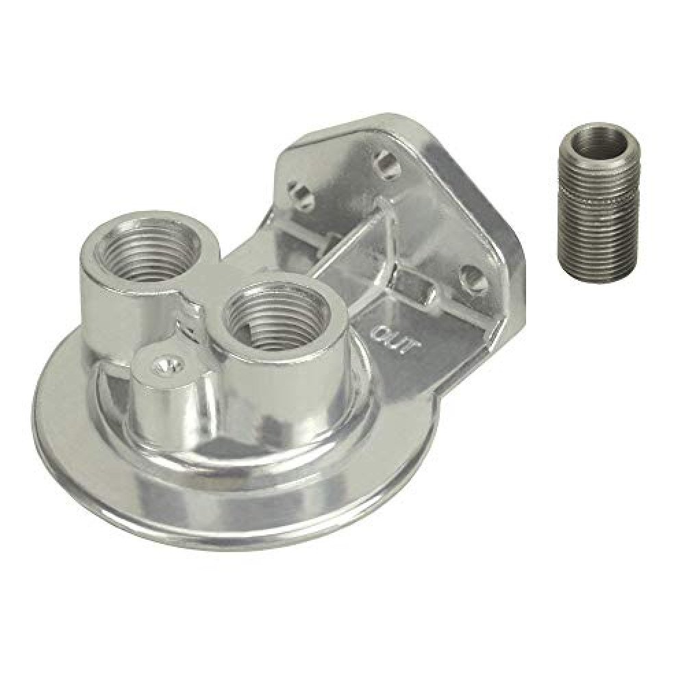 Derale Oil Filter Mount, Ports Up, 1/2 in NPT Female Ports, 3/4-16 in Center Thread, Aluminum, Polished, Universal, Each