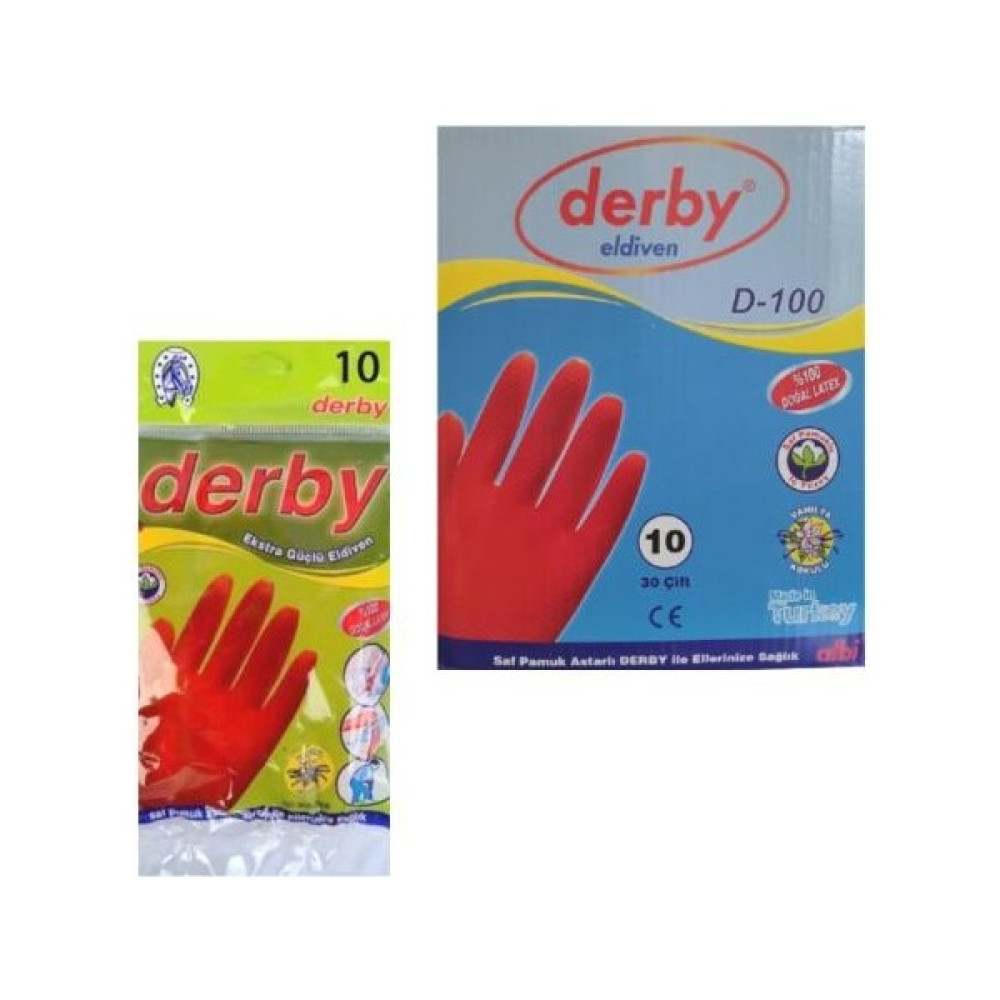 Derby D-100 Lateks Bulaşık Eldiveni 10 Numara (1 Koli 30 Çift) - Kırmızı - 13 cm Oto Boyaları Fiyatı