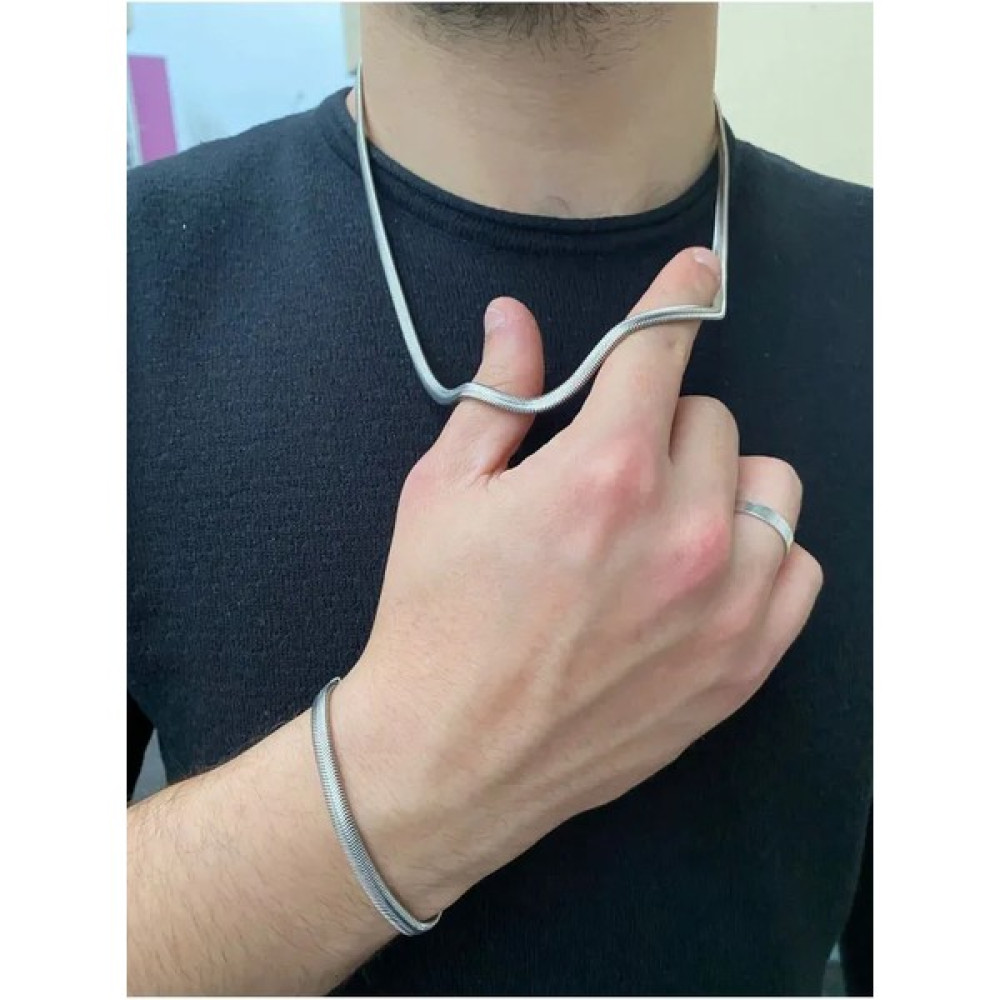 Dergavud Erkek Hasır Model Kolye Bileklik Set Gümüş Gri Renk Çelik - 60 cm Kolyeler Fiyatı