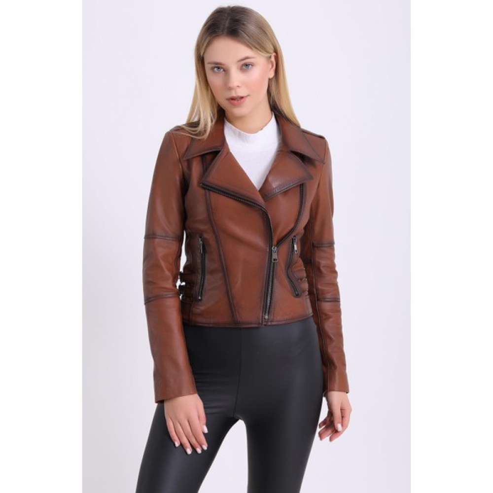Deri Effect Kadın Hakiki Deri Biker Vintage Mont Bayan Ceket Fiyatı