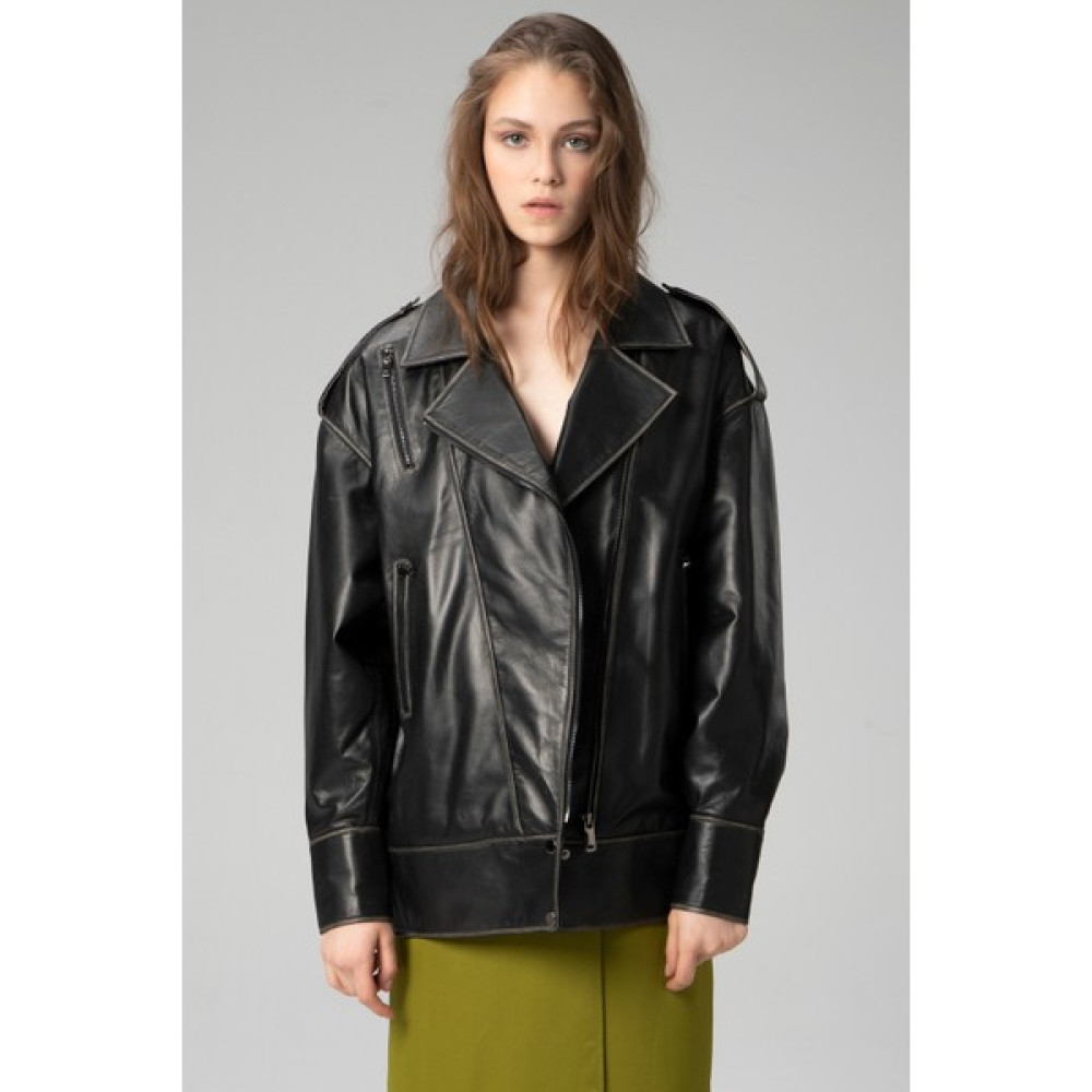 Dericlub WM019 Oversize Biker Hakiki Deri Kadın Mont Bayan Mont Fiyatı