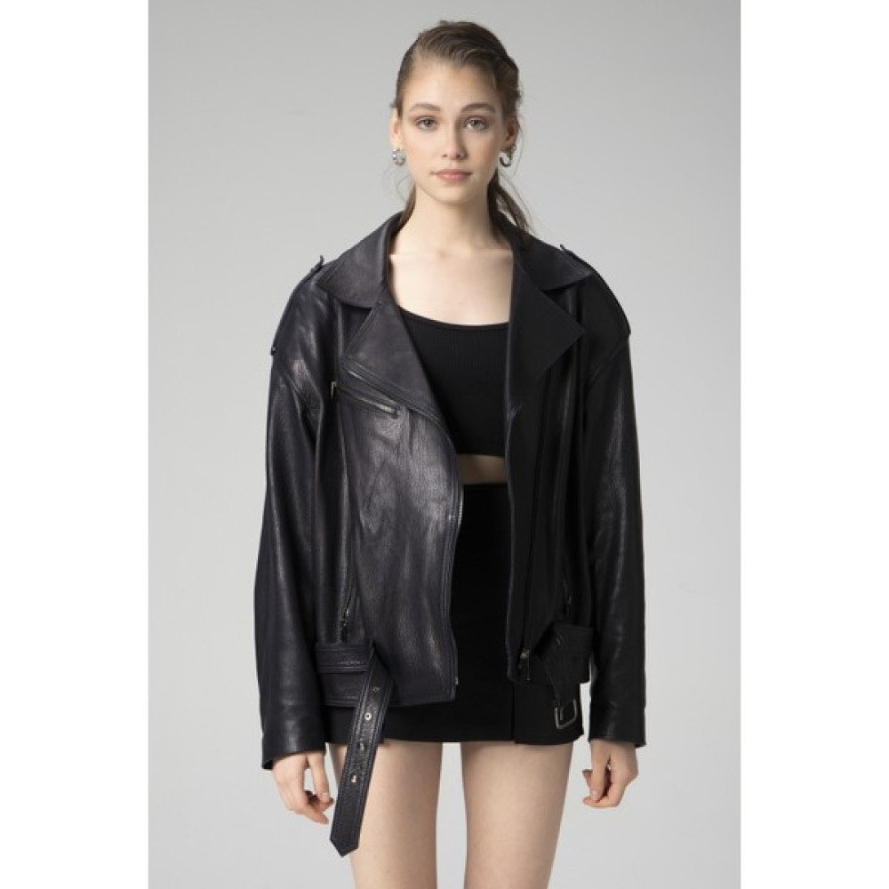 Dericlub WM031 Jumbo Oversize Biker Gerçek Deri Kadın Mont Bayan Mont Fiyatı
