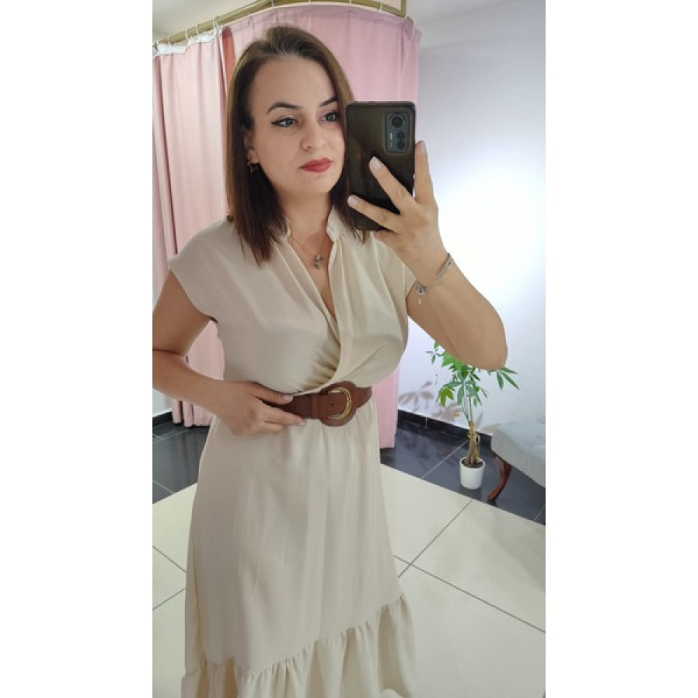 Derin Boutique Kadın Kruvaze Hakim Yaka Beli Lastikli Deri Kemerli Eteği Fırfırlı Keten Viskon Düğün Nişan Elbise Elbise Fiyatı