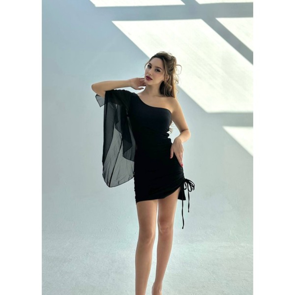 Derin Boutique Kadın Siyah Tek Omuz Şifon Kol Yandan Ayarlanabilen Drape Büzgü Detay Kısa Düğün Nişan Söz Elbisesi Elbise Fiyatı
