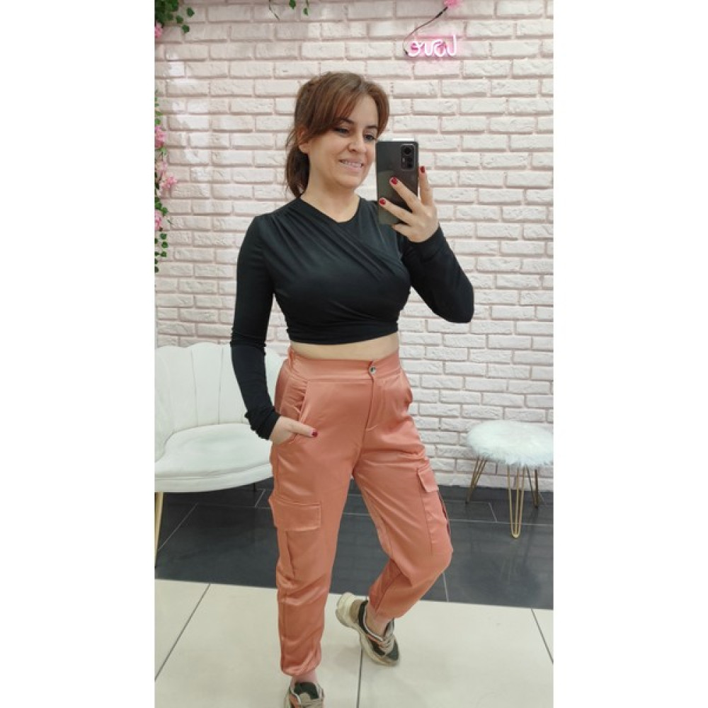 Derin Boutique Kadın Yüksek Bel Lastikli Kargo Cepli Paça Lastikli Saten Kargo Pantolon Kadın Pantolon Fiyatı