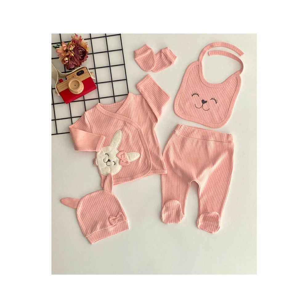 DERİNBEBE Neşeli Bebekler Organik Kumaş Ayıcık Nakışlı Desen 5 Parça Hastane Çıkışı Seti Somon Yeni Doğan Beden Bebek Hastane Çıkışı Fiyatı