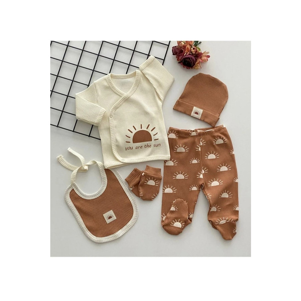 DERİNBEBE Organik Kumaş Fitilli 5 Parça Hastane Çıkışı Set Yeni Doğan Beden Bebek Hastane Çıkışı Fiyatı