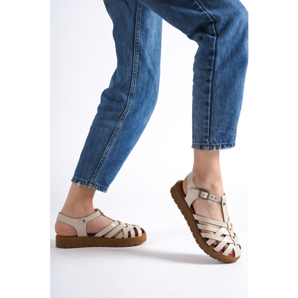 Deripabuc Hakiki Deri Bej Kadın Deri Sandalet Dp-0097 40 Beden Unisex Sandalet Fiyatı