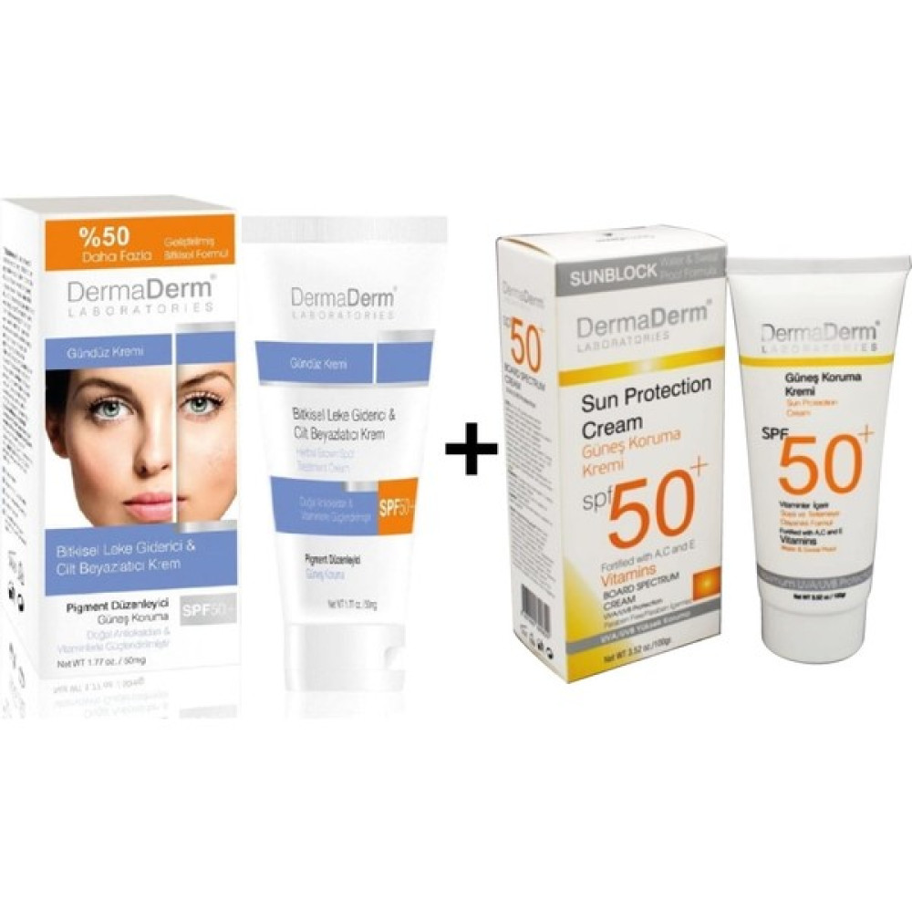 Dermaderm Spf 50+ Güneş Koruma Kremi + Bitkisel Leke Giderici&cilt Beyazlatıcı Krem Gündüz Kremi Güneş Kremleri ve Losyonları Fiyatı