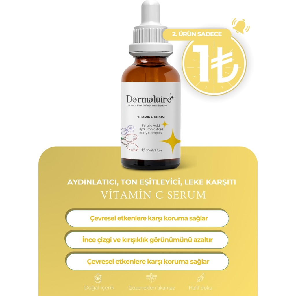 Dermaluire Aydınlatıcı Vitamin C Serum 30 ml Ferulik Asit ve Hyaluronik Asit İçeren Yaşlanma Karşıtı Diğer Fiyatı