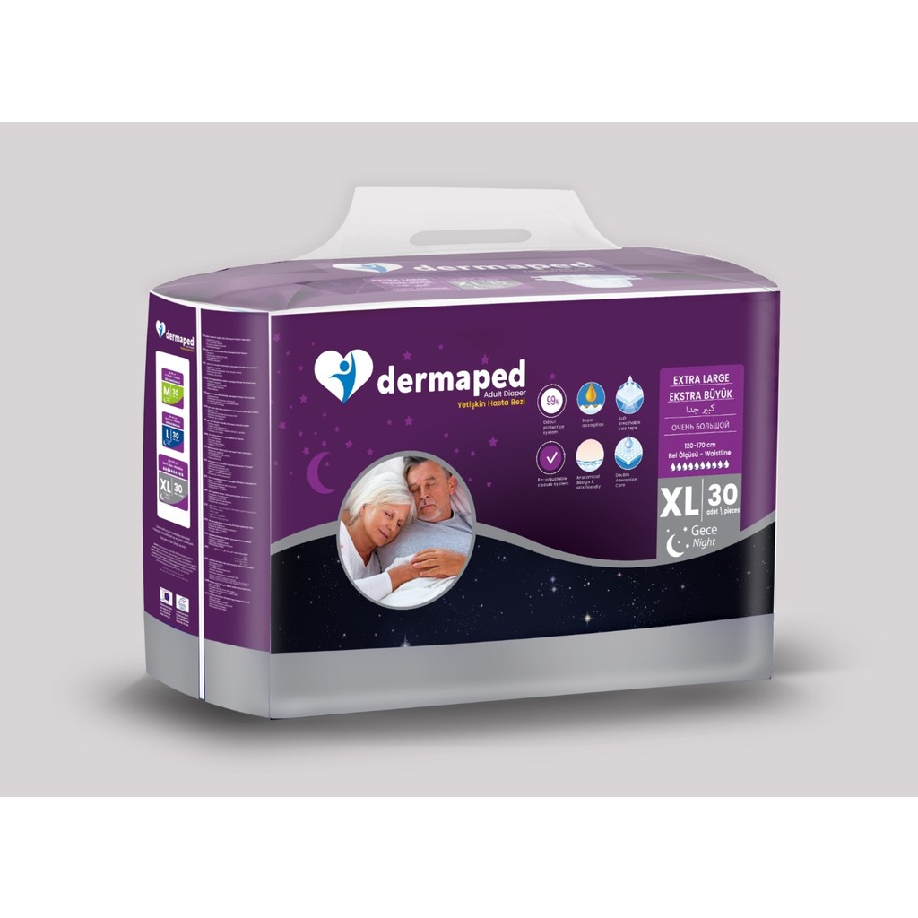 Dermaped Gece X-Large 120-170 cm 30'lu Bel Bantlı Yetişkin Hasta Bezi - XL - Beyaz Hasta Bezleri ve Temizliği Fiyatı