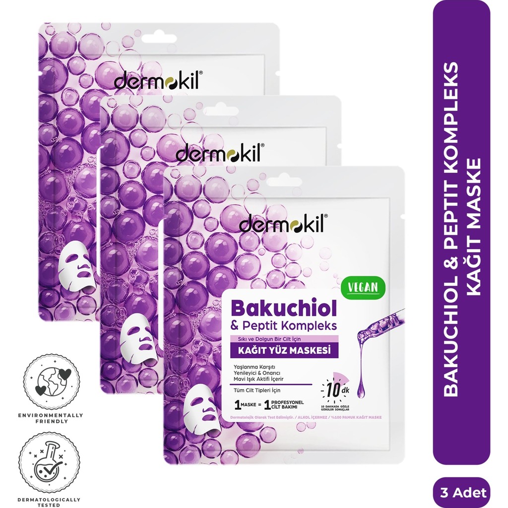 Dermokil Bakuchiol & Peptit Kompleks Yaşlanma Karşıtı ve Onarıcı Kağıt Yüz Maskesi 20 ml x 3 Adet Diğer Fiyatı