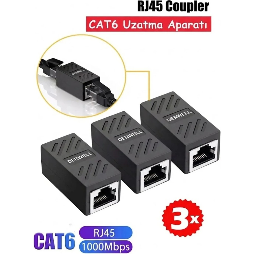 Derwell 3 Adet Gigabit Destekli RJ45 Dişi Dişi CAT5E/CAT6/7/8 Ethernet Lan Ağı Birleştirici Ara Aparatı 3 Tane Internet Kablosu Uzatıcısı Network Aksesuarları Fiyatı
