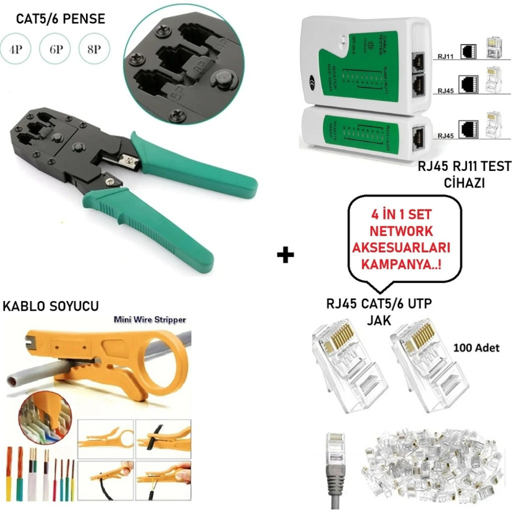 Derwell 4'lü Set Kampanyası RJ45 Cat5/6 Jak 8P8C Pensesi + RJ45/RJ11 Test Cihazı + 100 Adet Cat5/6 Jak + Kablo Soyucu Sarı - Network Aksesuarları E... Network Aksesuarları Fiyatı