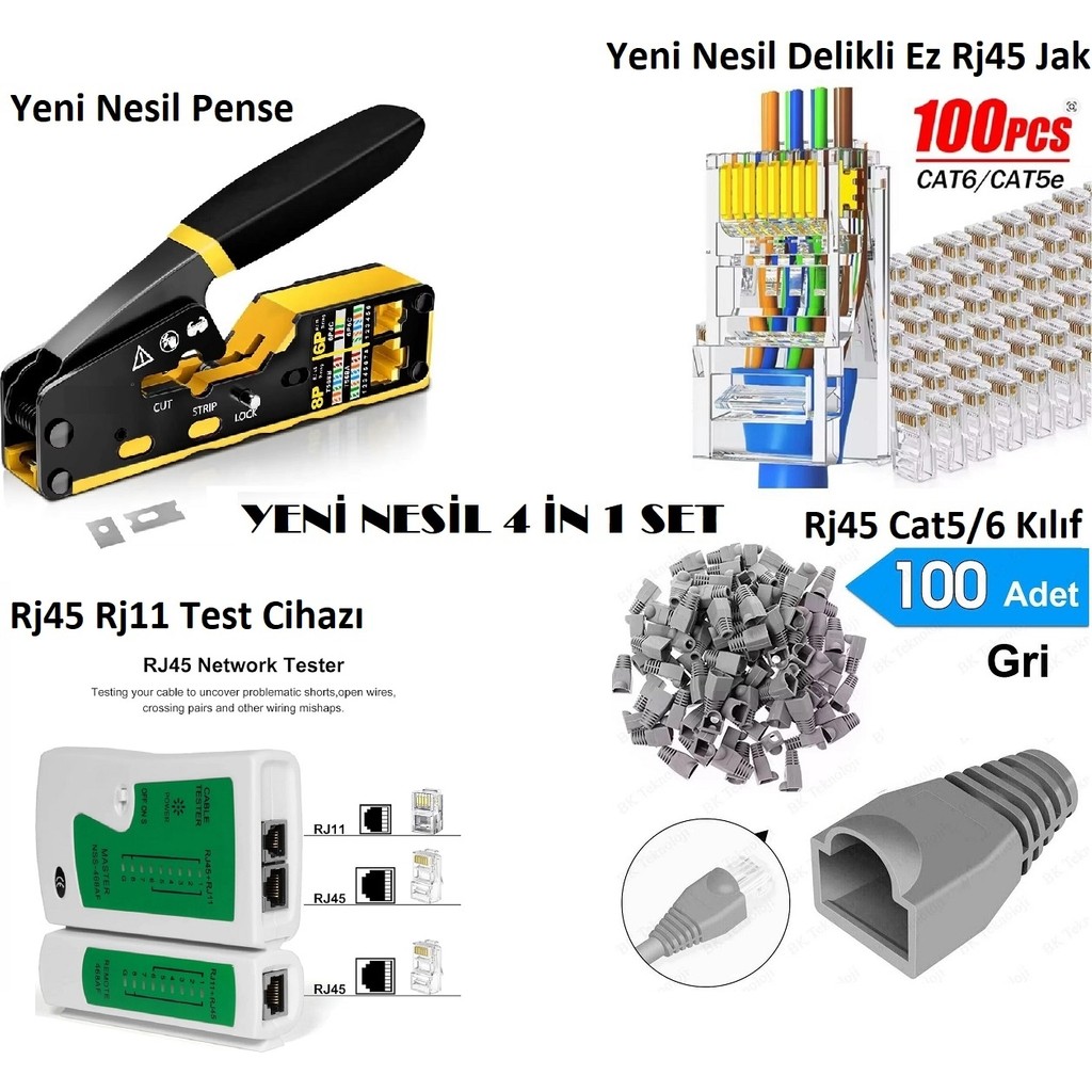 Derwell Yeni Nesil RJ45 Sıkma Pensesi RJ45 Test Cihazı 100 Adet Cover 100 Adet Yeni Nesil Ez 8PC8C Utp Jak Set 4'in 1 Network Aksesuarları Network Aksesuarları Fiyatı