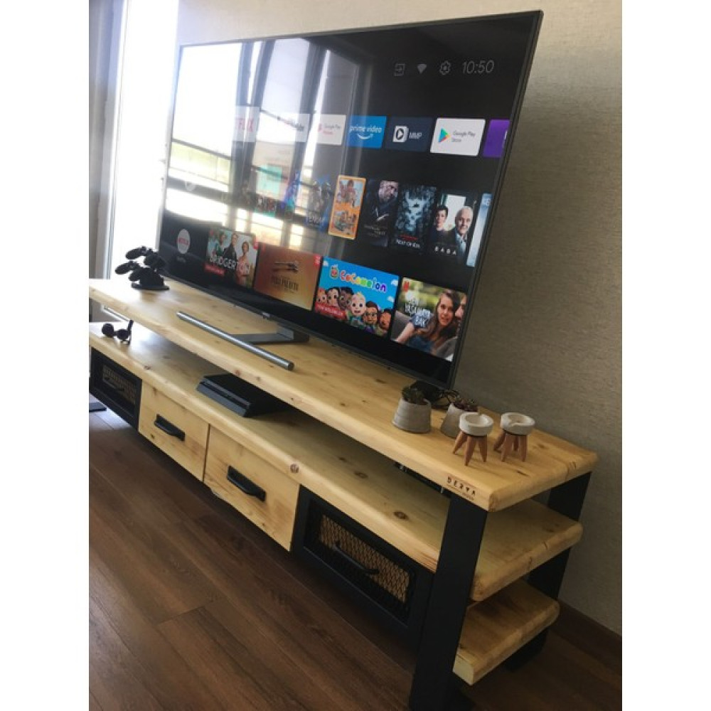 Deryawood Masif Ahşap Demir Çekmeceli Tv Ünitesi 45 x 140 cm Tv Ünitesi / Sehpası Fiyatı