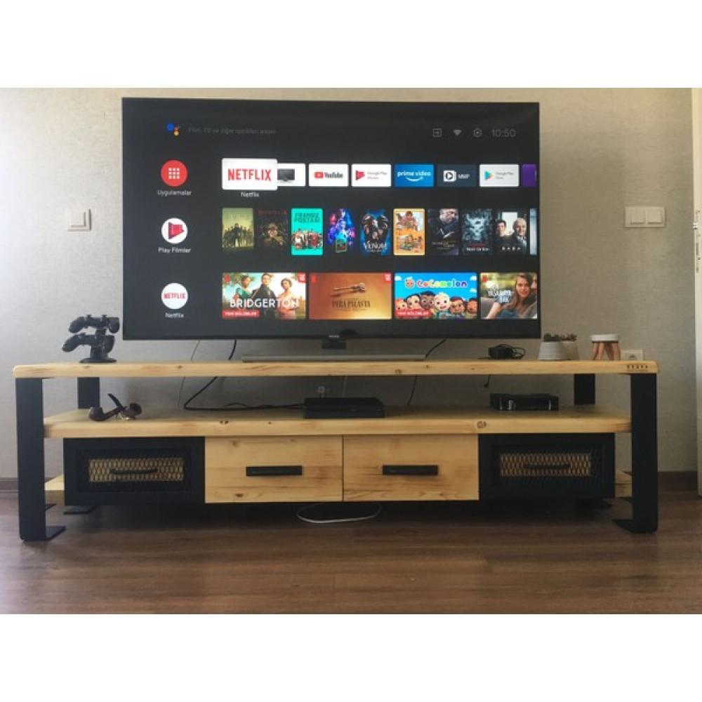 Deryawood Masif Ahşap Demir Çekmeceli Tv Ünitesi 45 x 180 cm Tv Ünitesi / Sehpası Fiyatı