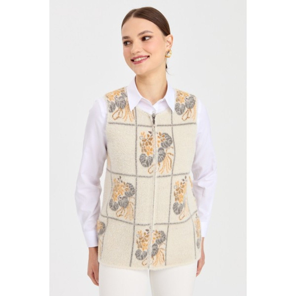 Desen Triko Kadın Sıfır Yaka Patchwork Çiçek Desenli Yelek Kemik Kadın Yelek Fiyatı
