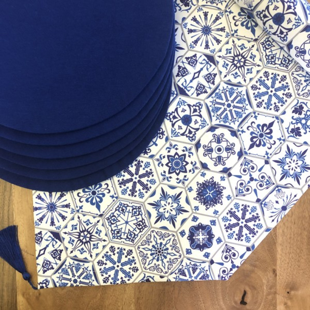 Desenİzmir Amerikan Servis Mavi Altıgen Desen Takım 6 Supla ve Runner Örtü Kombin1 - 40 x 140 cm - Renkli Amerikan Servis Fiyatı