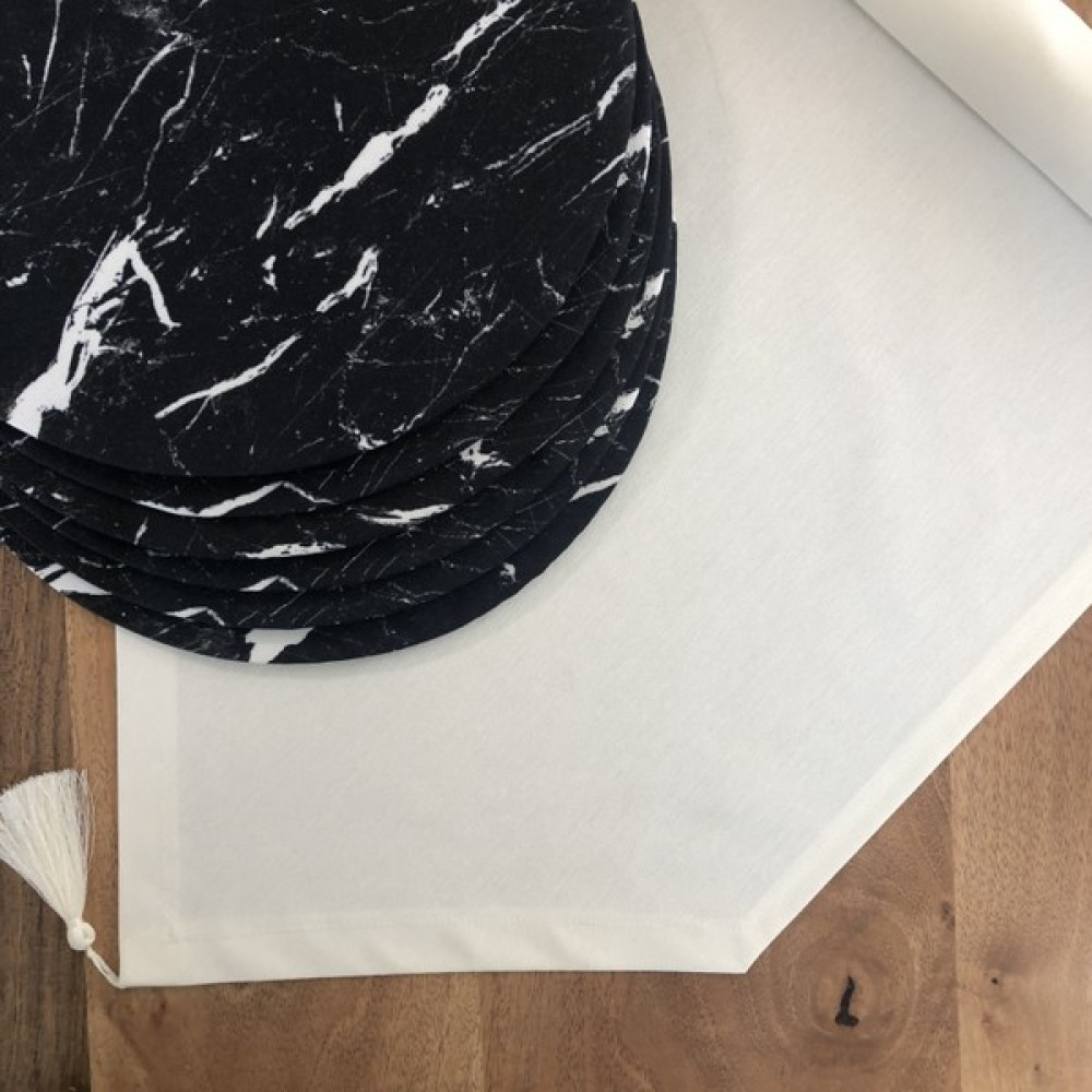 Desenizmir Amerikan Servis Siyah Mermer Desen Takım 6 Supla ve Runner Örtü Kombin 2 - 40 x 140 cm - Renkli Amerikan Servis Fiyatı