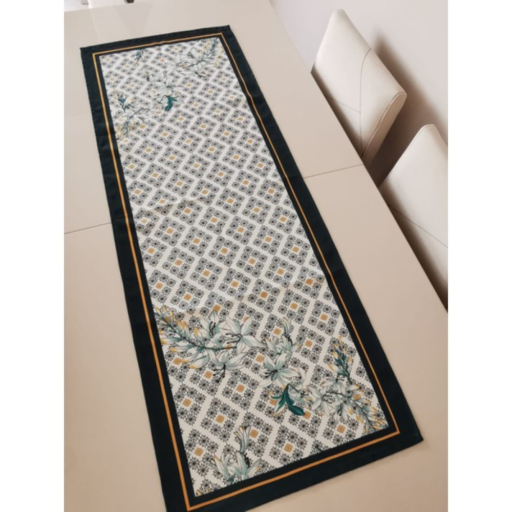 Desenli Runner, Modern Desenli Runner, Duck Keten Runner, Sunum Seti - 140 x 210 cm - Beyaz - Yeşil Masa Örtüsü Fiyatı