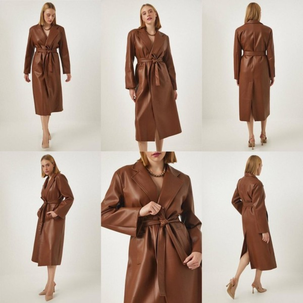 Deseo Boutique Kadın Kahverengi Kuşaklı Midi Boy Yırtmaçlı Ince Şık Deri Kaban Kadın Kaban Fiyatı