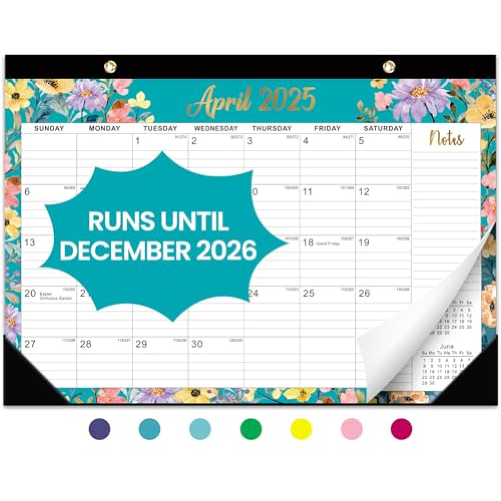 Desk Calendar 2025-2026, 21 Months Calendar Runs from April 2025 to December 2026 - Large 17" x 12" Desktop/Wall Monthly Calendar for Home School, or Office - Floral Pattern
