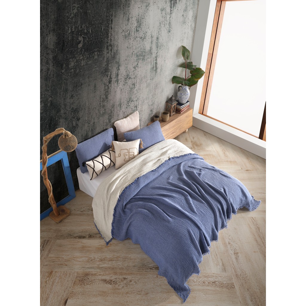Destiny Hometex 4 Katlı Multi Muslin %100 Pamuk Battal Boy Yatak Örtüsü 240X260 cm Battal Boy - 240 x 260 cm - İndigo Yatak Örtüsü Fiyatı