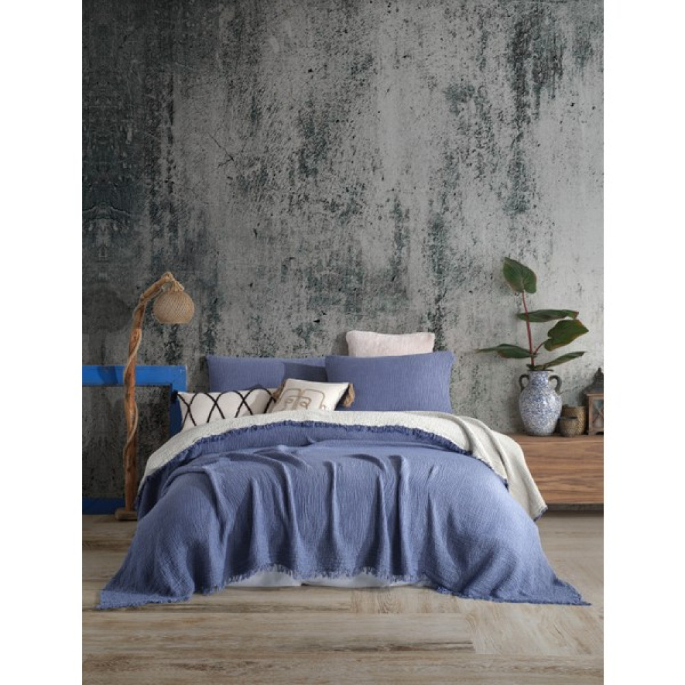 Destiny Hometex 4 Katlı Multi Muslin %100 Pamuk Çift Kişillik Yatak Örtüsü - İndigo - 240 x 250 cm Yatak Örtüsü Fiyatı
