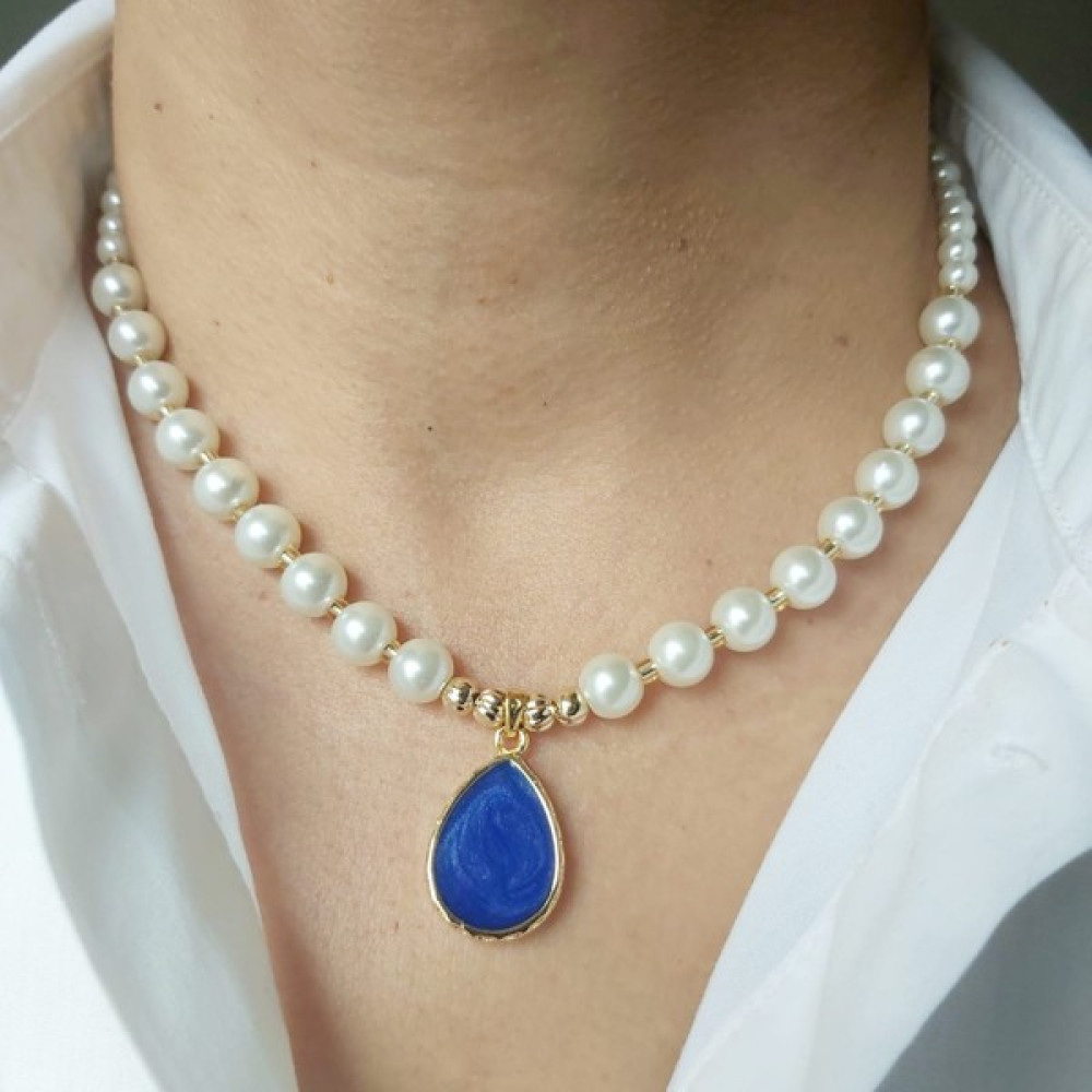 Devi Fashion Saks Mavisi Damla Uçlu Özel Tasarım Incili Kolye İnci Kolye Fiyatı