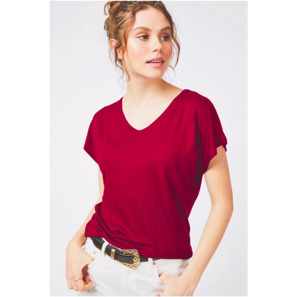 Devinka Kadın Bordo V Yaka Basıc T-shırt M Beden Bayan T-shirt Fiyatı