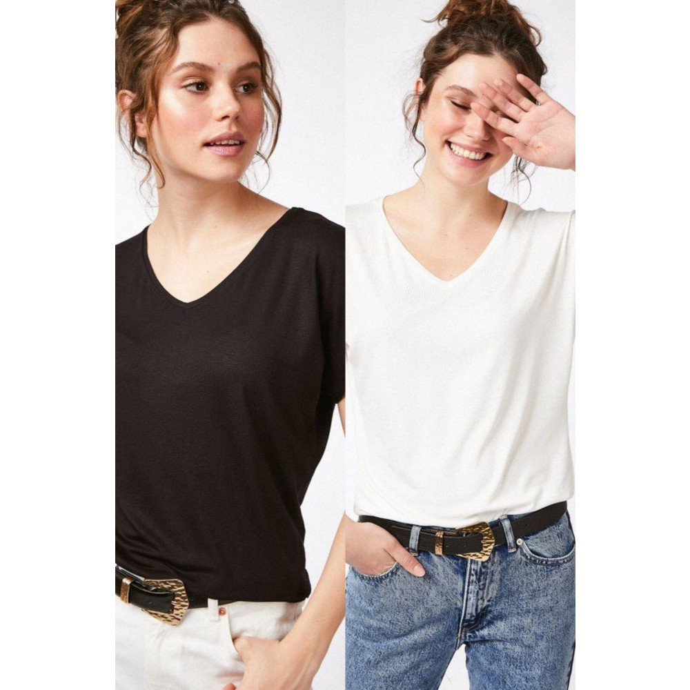Devinka Kadın Siyah-beyaz 2li Paket Basic Örme T-shirt S Beden Bayan T-shirt Fiyatı