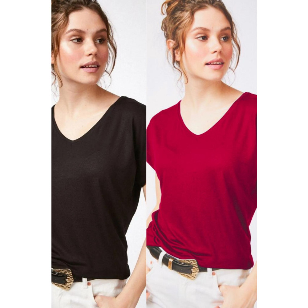 Devinka Kadın Siyah-Bordo 2li Paket Basic Örme T-Shirt S Beden Bayan T-shirt Fiyatı