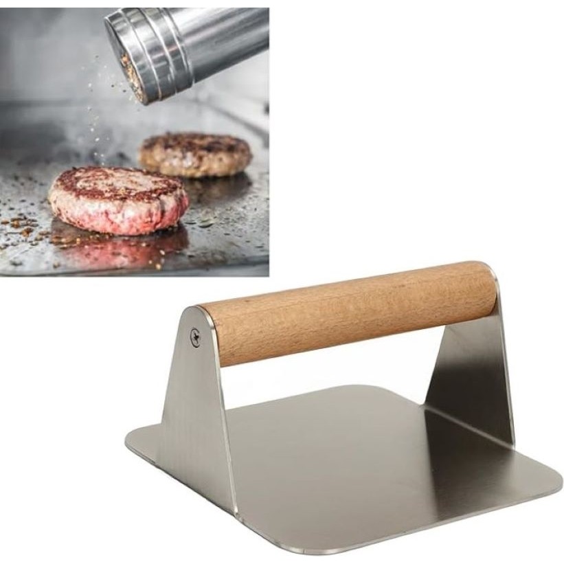 Devmeer Kare Smash Burger Presi,16 cm ,3 mm 304 Paslanmaz Çelik Burger Presi, Ahşap Saplı , Ağır Hizmet Burger Şutu, Diğer Fiyatı
