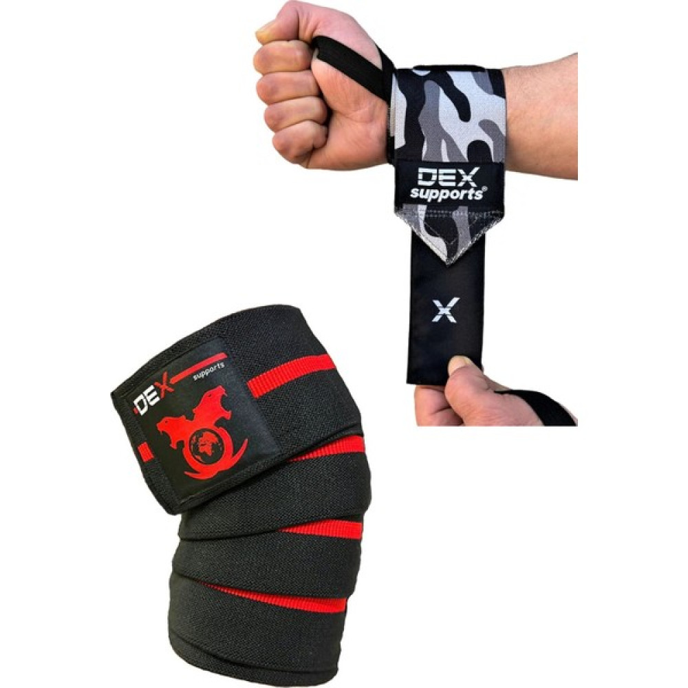 Dex Supports Lasting Energy Fitness Sporcu Bilekliği Dark Wrist Wraps+Sporcu Dizliği Knee Wraps 2'li Paket Fitness Kondisyon Aksesuarları Fiyatı