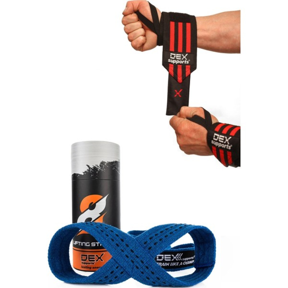Dex Supports Sporcu Bilekliği Wrist Wraps+Ağırlık Kaldırma Kayışı Mavi 8 Loop Lifting Straps 2'li Paket Fitness Kondisyon Aksesuarları Fiyatı
