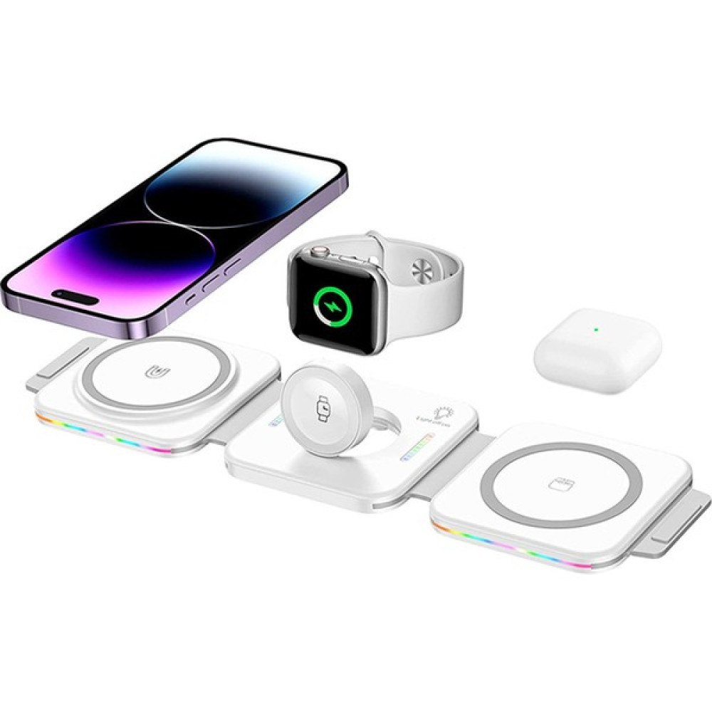 Dexmon 15W 3in1 Kablosuz Şarj Standı Manyetik Katlanabilir Ledli Ince Tasarım Telefon Akıllı Saat Kulaklık - Beyaz Cep Telefonu Şarj Cihazı Fiyatı