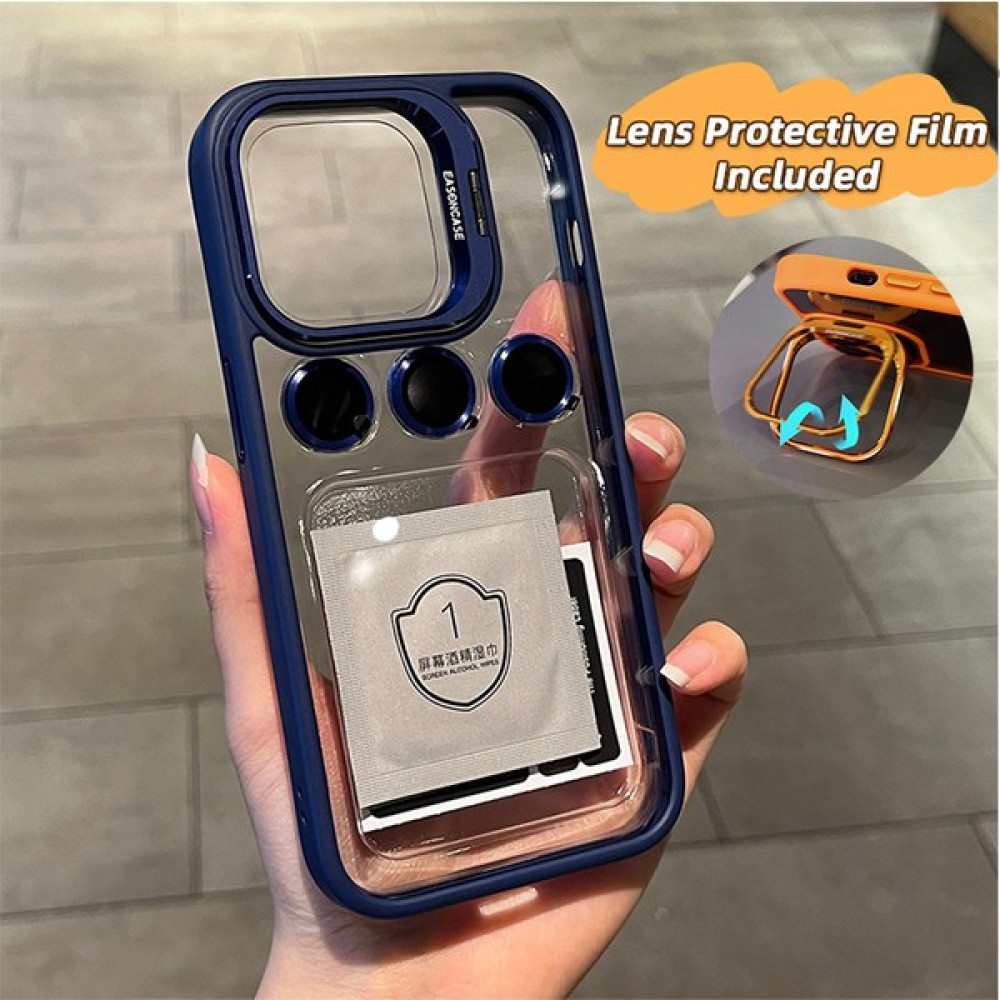 Dexmon Apple iPhone 15 Pro Max Kılıf + Lens Koruyucu Stant Özellikli Kenarı Renkli Silikon Şeffaf - Lacivert Cep Telefonu Kılıfı Fiyatı
