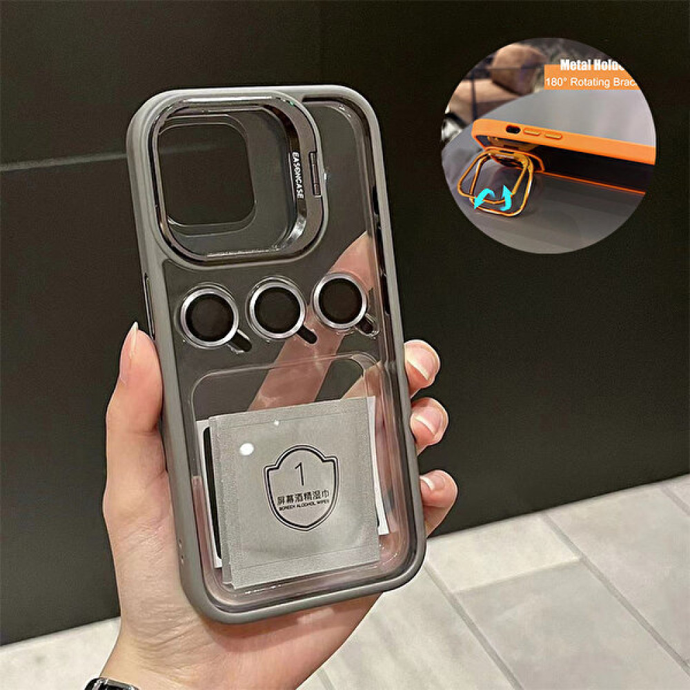 Dexmon Apple iPhone 15 Pro Max Uyumlu Kılıf + Lens Koruyucu Standlı Kenarı Renkli Silikon Şeffaf - Titanyum Gri Cep Telefonu Kılıfı Fiyatı