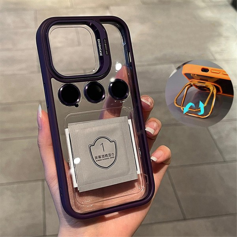 Dexmon Apple iPhone 15 Pro Uyumlu Kılıf + Lens Koruyucu Standlı Kenarı Renkli Silikon Şeffaf - Derin Mor Cep Telefonu Kılıfı Fiyatı