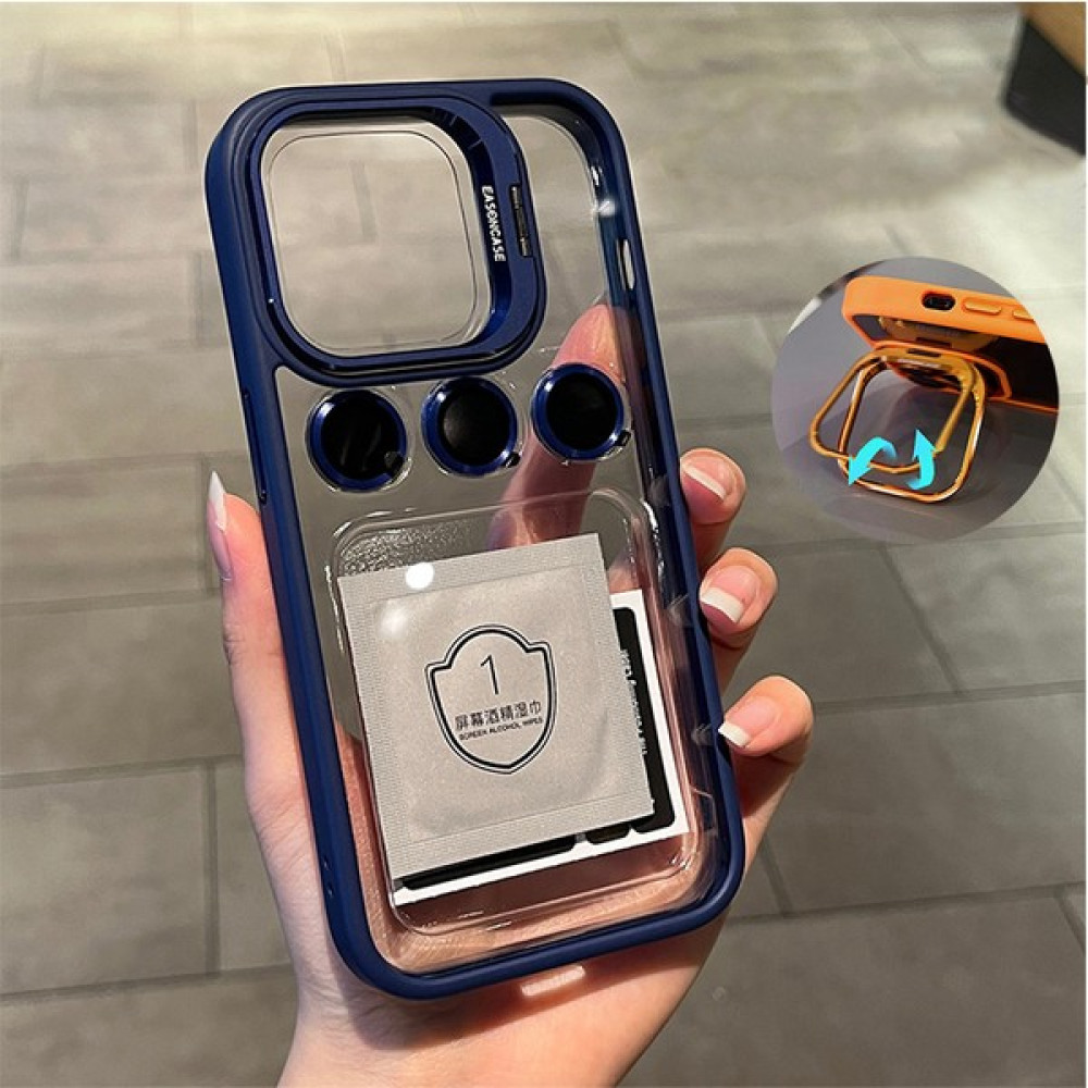 Dexmon Apple iPhone 15 Pro Uyumlu Kılıf + Lens Koruyucu Standlı Kenarı Renkli Silikon Şeffaf - Lacivert Cep Telefonu Kılıfı Fiyatı