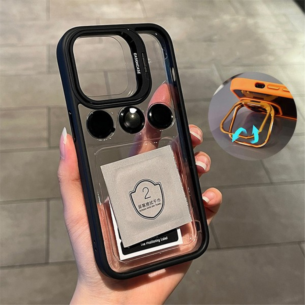 Dexmon Apple iPhone 15 Pro Uyumlu Kılıf + Lens Koruyucu Standlı Kenarı Renkli Silikon Şeffaf - Siyah Cep Telefonu Kılıfı Fiyatı