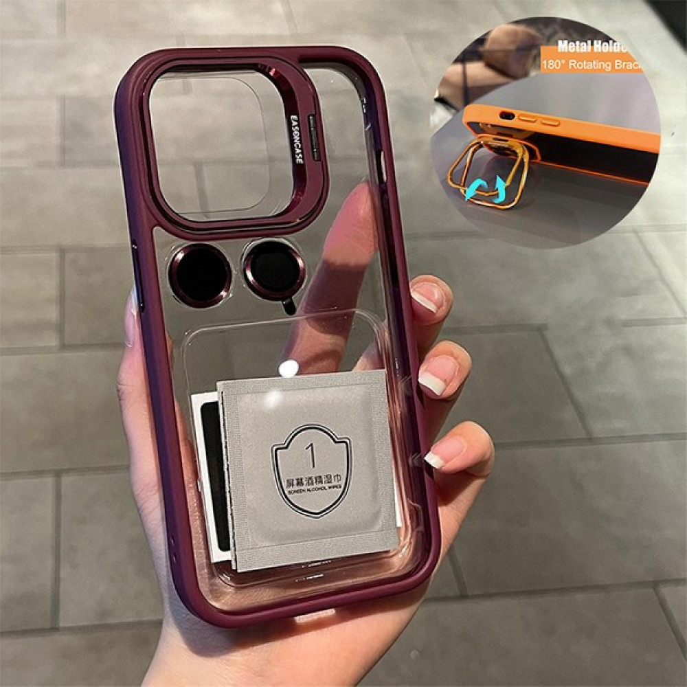 Dexmon iPhone 11 Uyumlu Kılıf + Lens Koruyucu Standlı Kenarı Renkli Silikon Arkası Sararmaz Şeffaf Kapak - Bordo Cep Telefonu Kılıfı Fiyatı