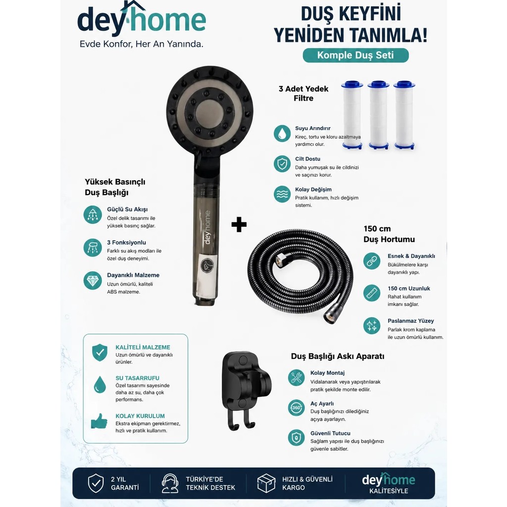 Deyhome 4'lü Set 5 Kademeli Masajlı Filtreli Duş Başlığı + Yapışkanlı Mafsal (Askı) + 150 cm Örgülü Hortum+3 Adet Yedek Filtre - Siyah - Gri Diğer Fiyatı
