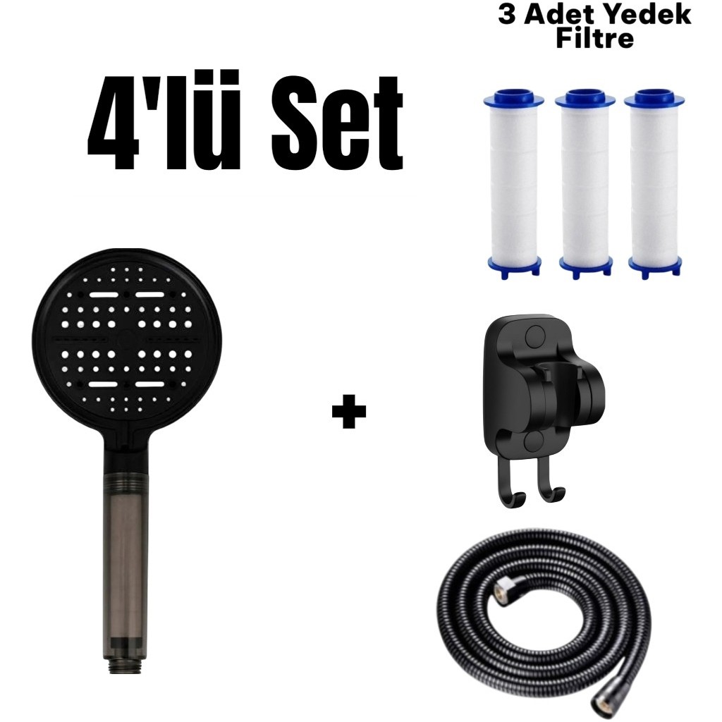 Deyhome 4'lü Set 6 Fonksiyonlu Filtreli Duş Başlığı + Yapışkanlı Mafsal (Askı) + 150 cm Örgülü Hortum+3 Adet Yedek Filtre - Metalik Füme - Antrasit Diğer Fiyatı