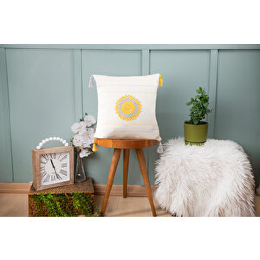 DFN Home Dfn Home Retro Sarı Yuvarlak Motifli Püsküllü Krem Kırlent Kılıfı 43x43 Kırlent / Mobilya Yastığı Fiyatı