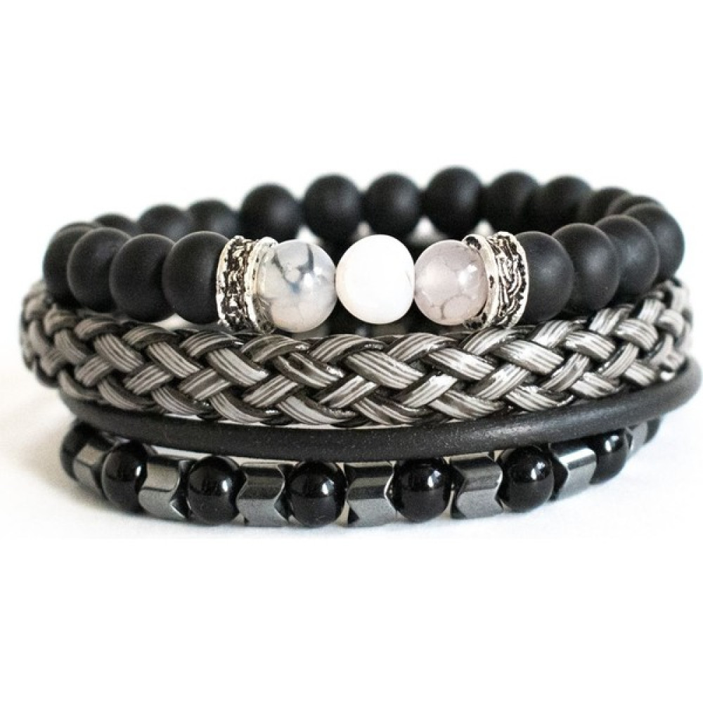 DFNY Accessories 3 Lü Bileklik Seti Gri-Akik, Gri Deri Hematittaş Bileklik Saat ve Bileklik Aksesuarı Fiyatı