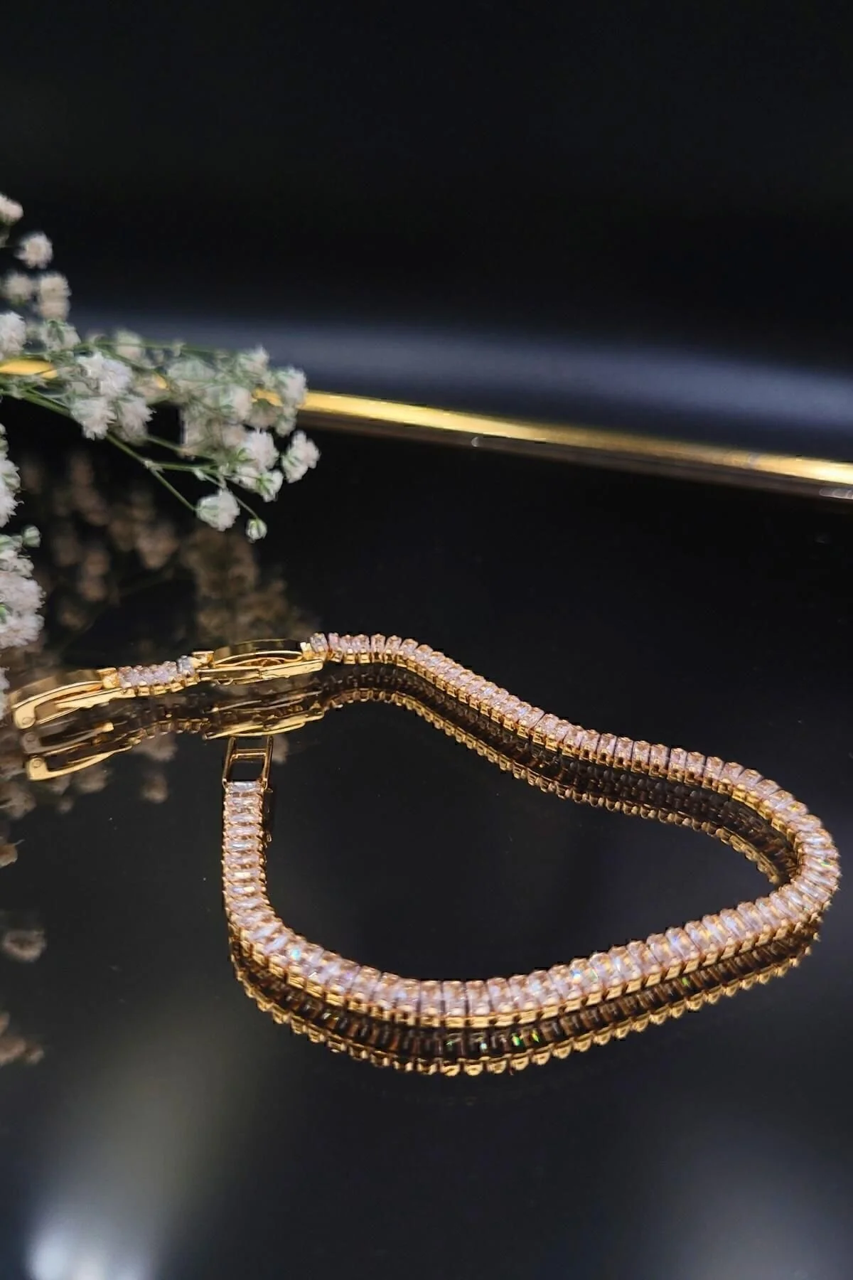 DG AKSESUAR 316 L. Çelik Kararmaz Zirkon Baget Taşlı Su Yolu Bileklik Gold 20 cm Beden" Çelik Bilezik Fiyatı