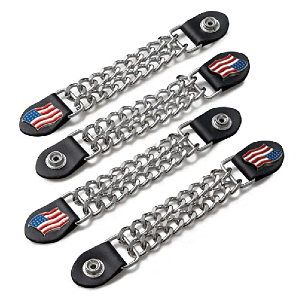 Diamond Plate 4-Piece Vest Extender Set - Chrome Finish Chains, Faux Leather Ends, Nickel Button with USA Flag Medallion - 6.5 Inch